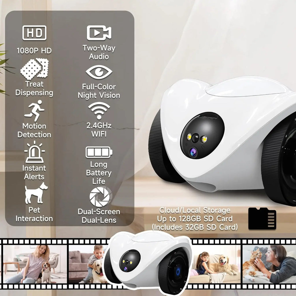 Pet Camera Treat Dispenser | Movable Pet Robot Camera,1080P Indoor Security Camera,2-Way Talk, Night Vision,Motion Detection