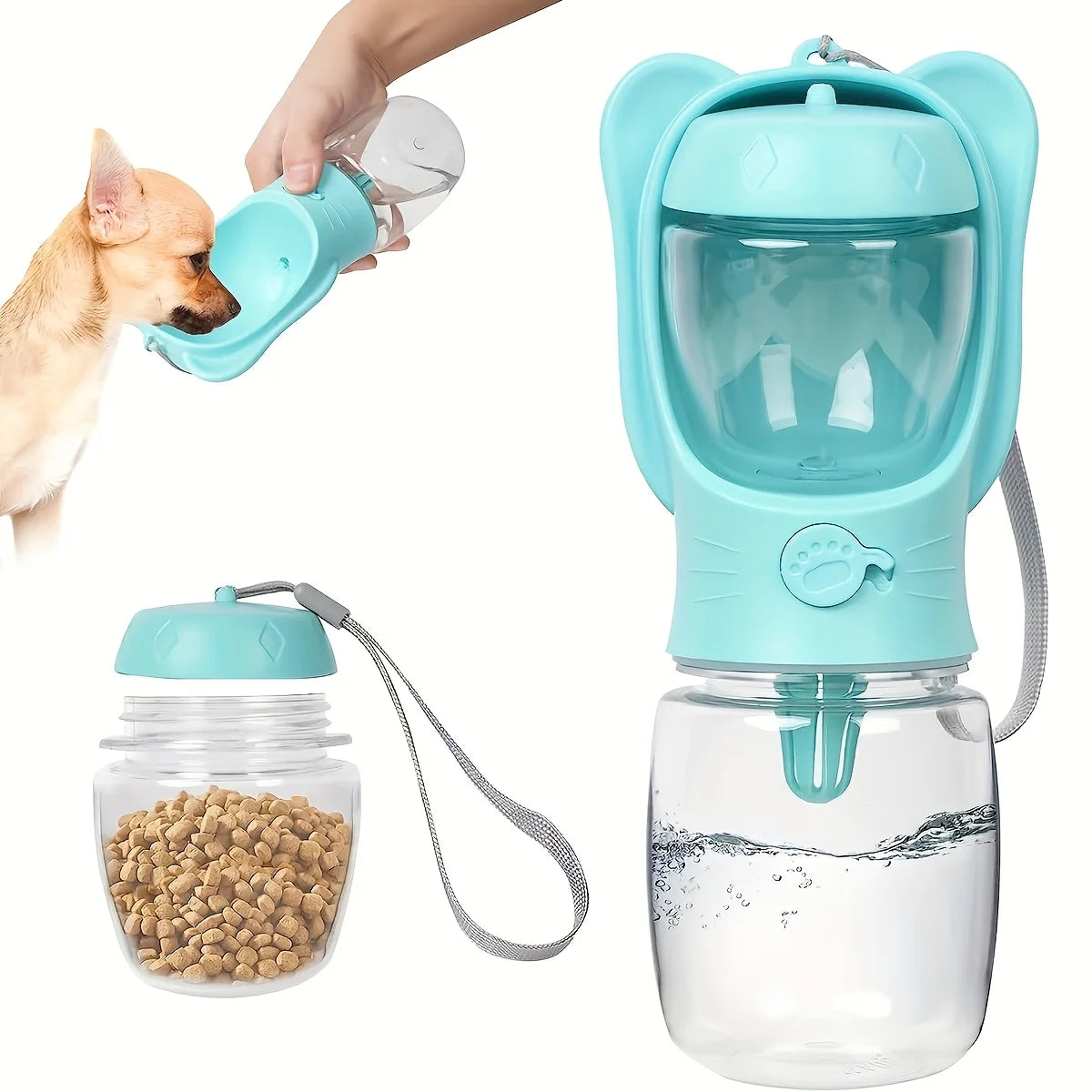 Portable Pet Water Bottle with Food Container - Ideal for Walking, Hiking & Travel. Essential for Dogs & Cats On The Go!