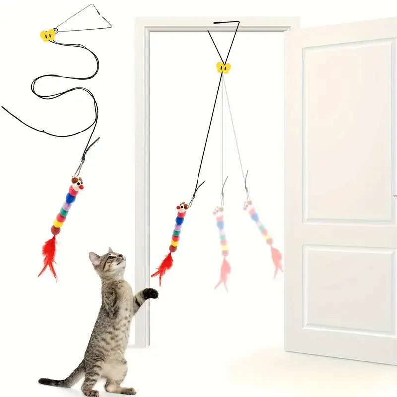 Interactive Cat Teaser Toy Adjustable Hanging Door Swing with Colorful Worms Plush for Indoor Cats Interactive Kitten Play